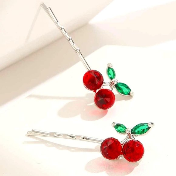 2PCS CHERRY CRYSTAL DECOR BOBBY PIN - Picture 1 of 3